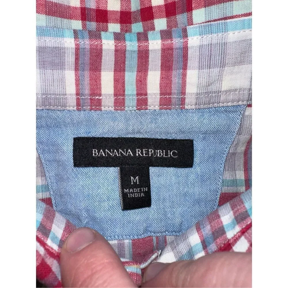 banana republic mens shirt medium plaid long‎ sleeve off white gray raspberry